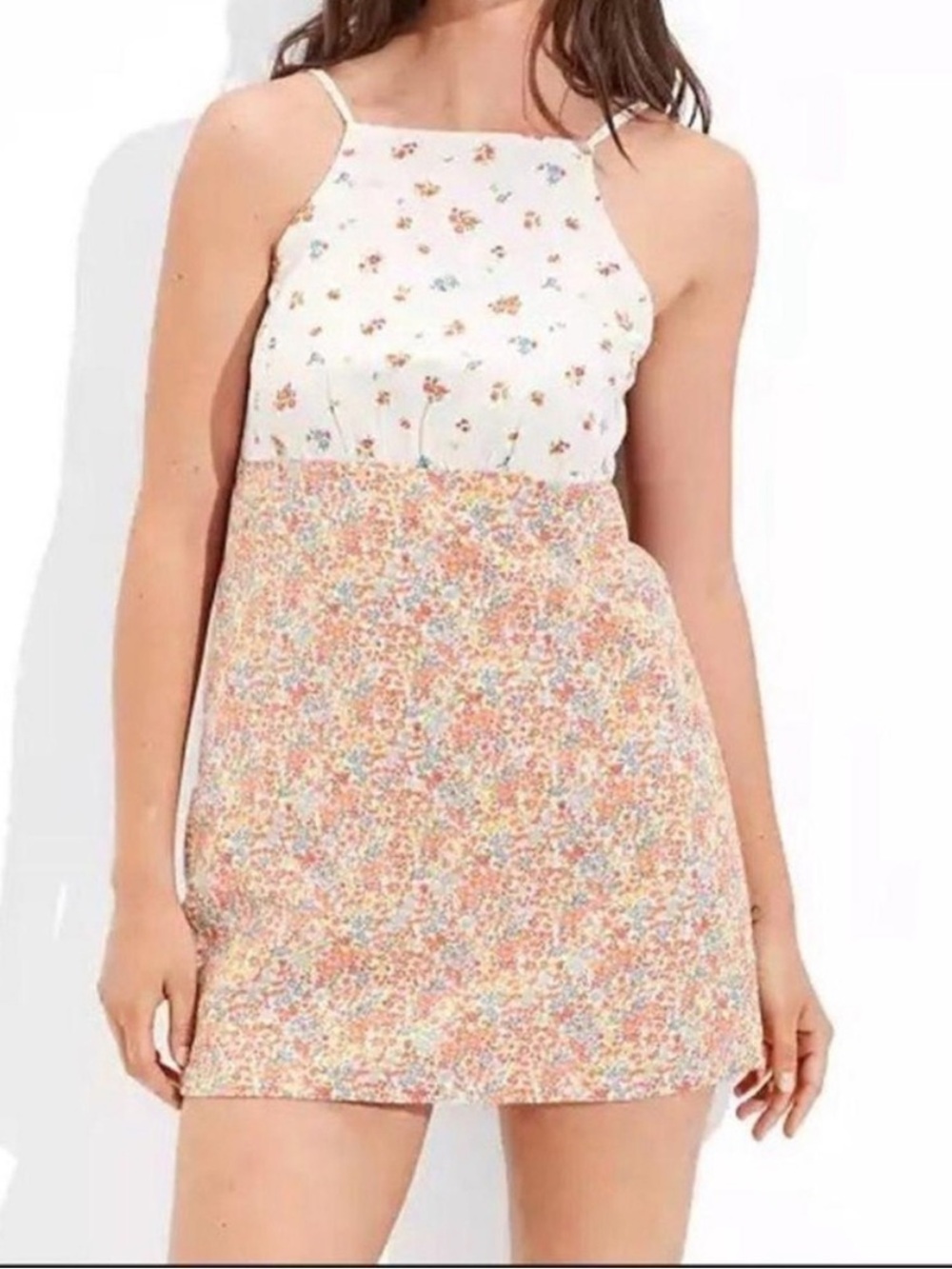 American Eagle White Orange Floral High Neck Mini Dress Size Large Petite